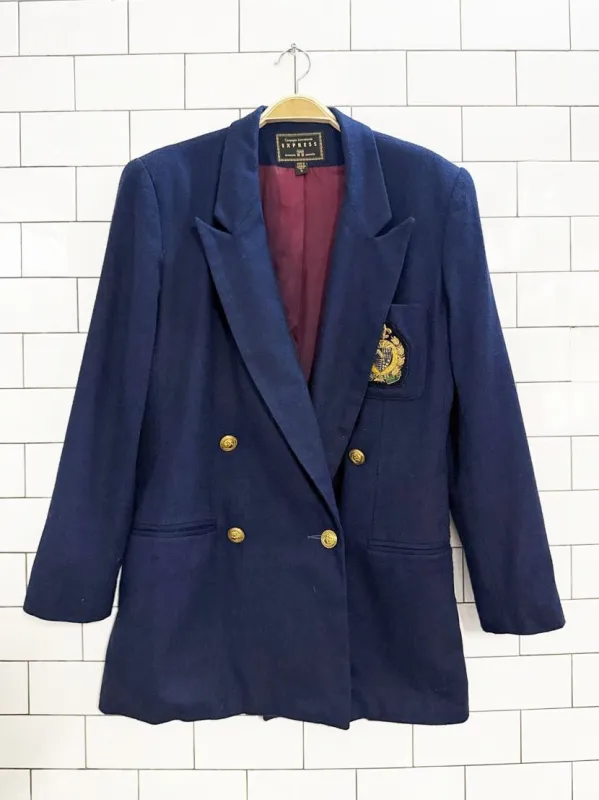 vintage express wool-blend beaded crest pocket double breasted blazer | made in USA sold by Good Market Thrift Store