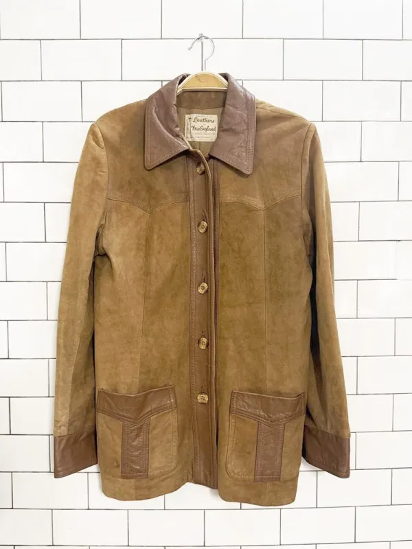 vintage 70s new england lamb suede + leather trim jacket | made in USA sold by Good Market Thrift Store