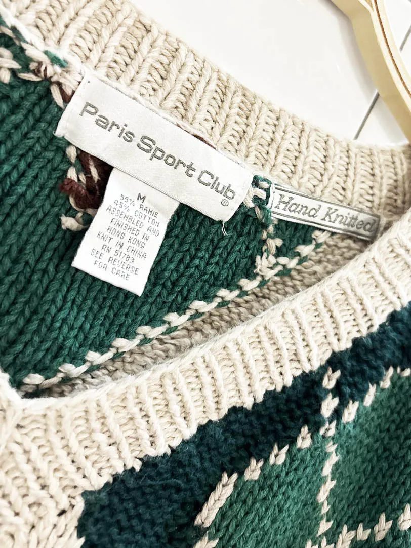 vintage 90s paris sport club hand-knit argyle chunky sweater sold by Good Market Thrift Store product image thumbnail 4