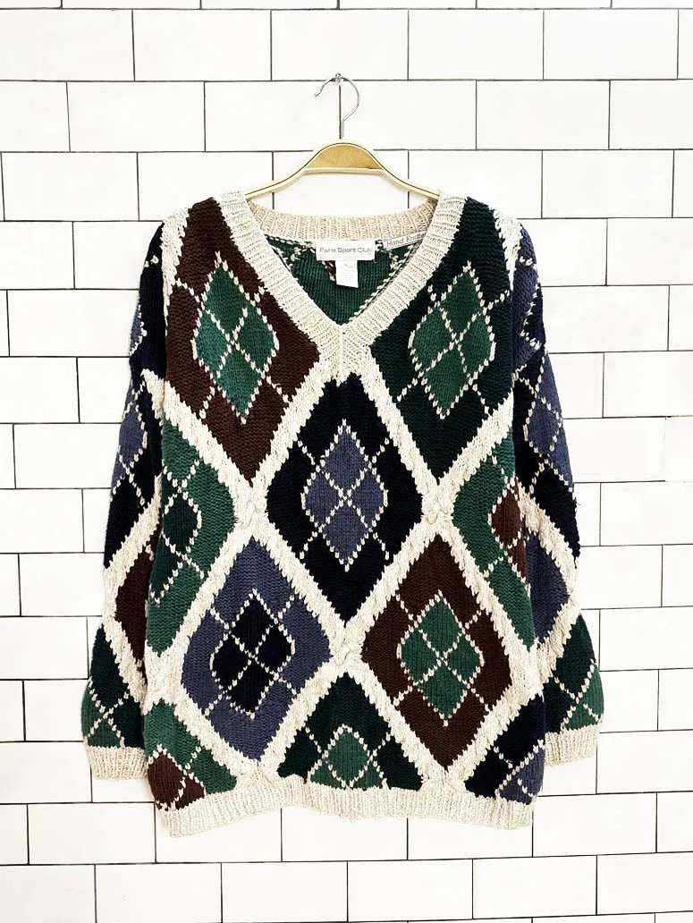 vintage 90s paris sport club hand-knit argyle chunky sweater sold by Good Market Thrift Store