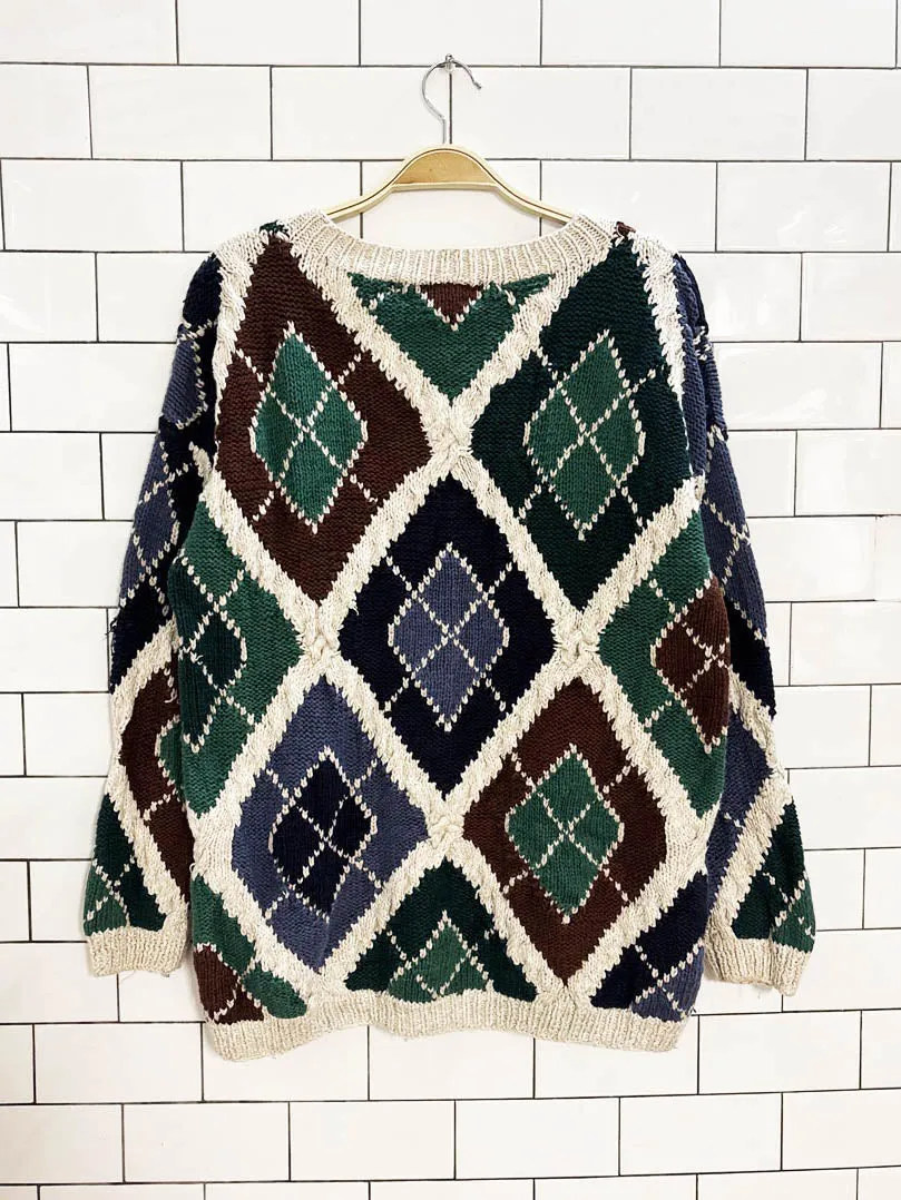 vintage 90s paris sport club hand-knit argyle chunky sweater sold by Good Market Thrift Store product image thumbnail 3