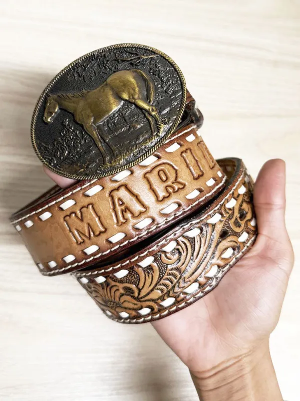 vintage mallory western brass horse tooled leather belt sold by Good Market Thrift Store