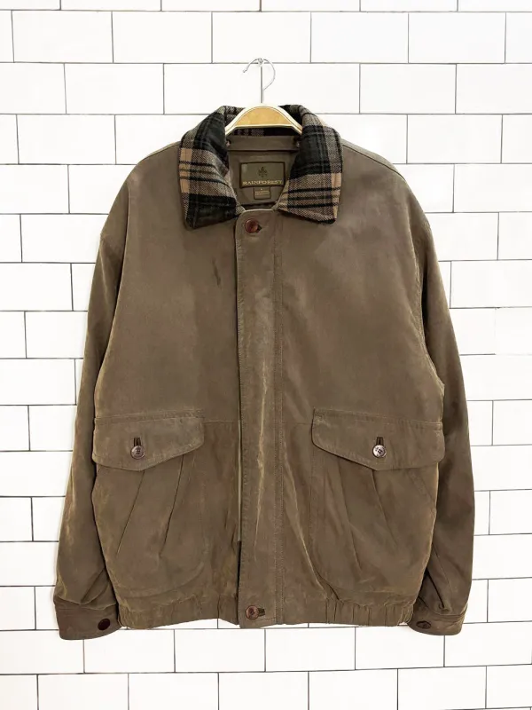 vintage 00s rainforest plaid collar bomber jacket | zip out lining sold by Good Market Thrift Store