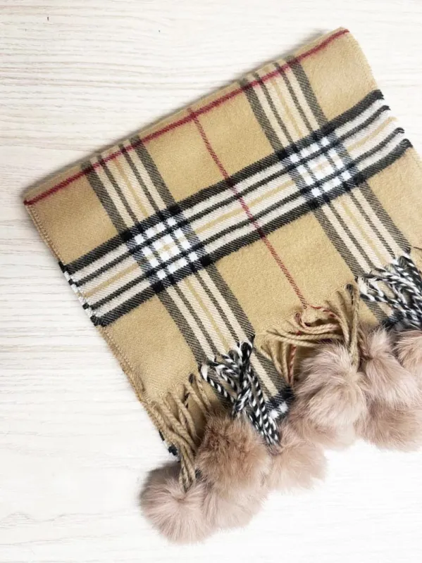 cashmink rabbit fur pom fringe tartan scarf | made in Germany sold by Good Market Thrift Store