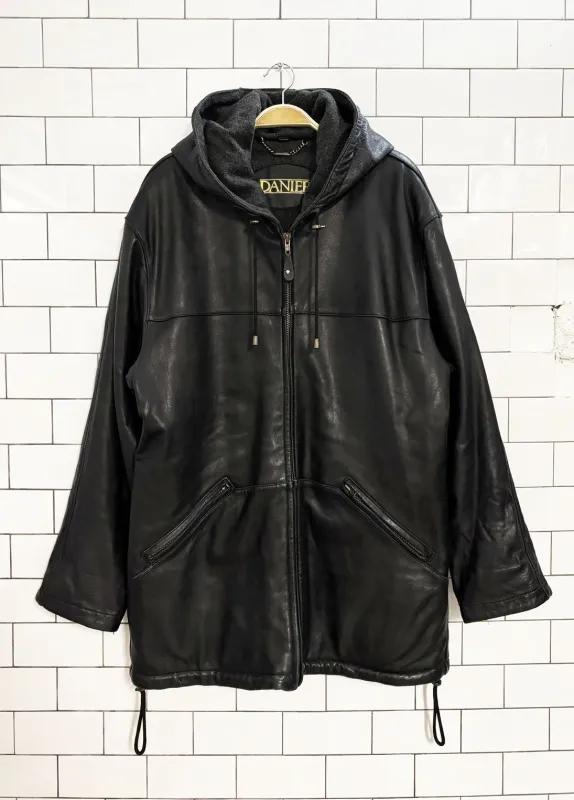 vintage 90s danier butter leather full zip hooded jacket | wool-blend lined sold by Good Market Thrift Store