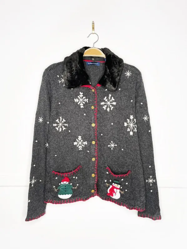 vintage karen scott wool-blend snowman pocket knit cardigan | removable faux fur collar sold by Good Market Thrift Store