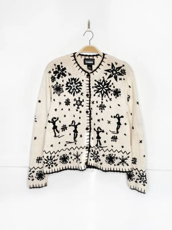 vintage embroidered skaters + snow blanket stitch knit cardigan | designers originals studio sold by Good Market Thrift Store