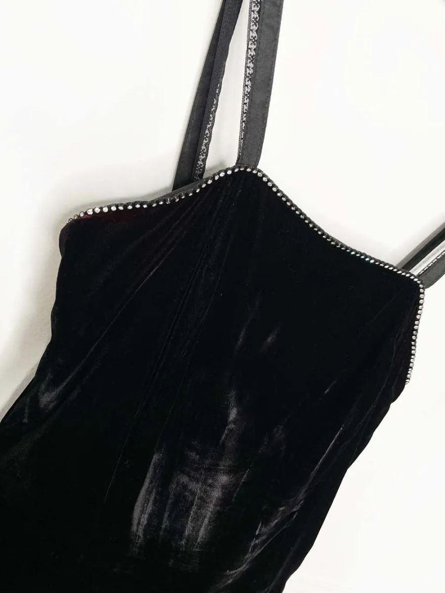 vintage 80s algo-ettes velvet fit and flare midi dress | rhinestone trim sold by Good Market Thrift Store product image thumbnail 3