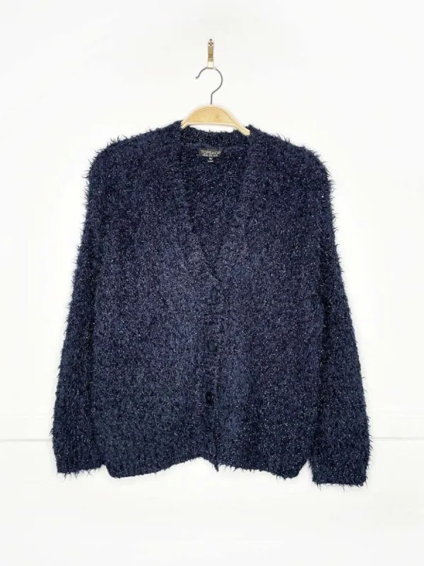 topshop metallic sparkle eyelash fuzzy knit cardigan sold by Good Market Thrift Store