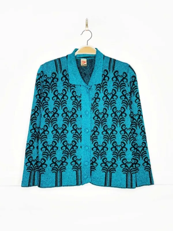 vintage 70s monsanto blue metallic knit cardigan | made in UK sold by Good Market Thrift Store