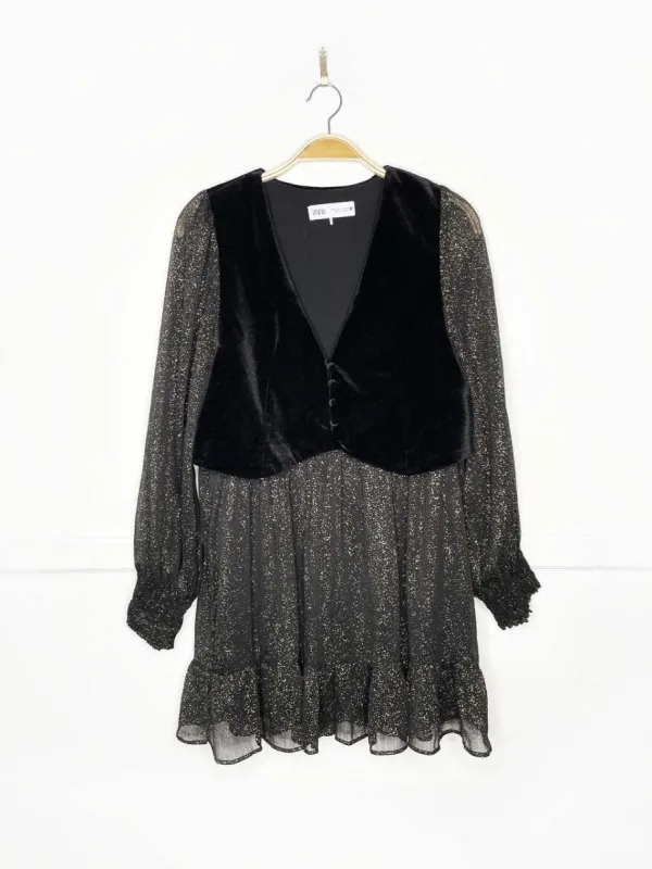 zara gold shimmer chiffon + velvet vest long sleeve dress sold by Good Market Thrift Store