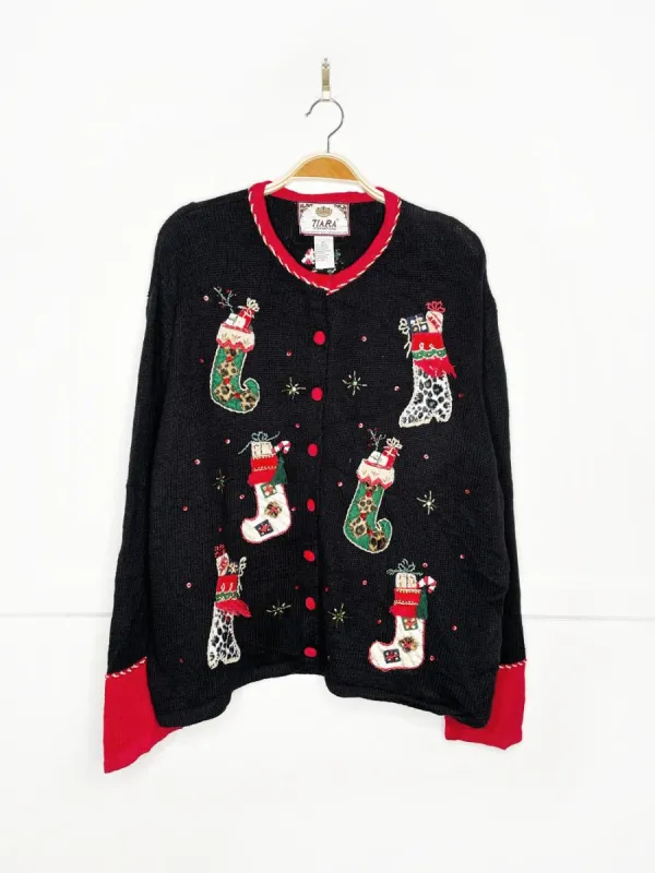 vintage 00s tiara holiday stockings knit cardigan sold by Good Market Thrift Store
