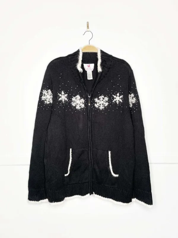 vintage wool-blend angora snowflakes full zip knit cardigan | quacker factory sold by Good Market Thrift Store