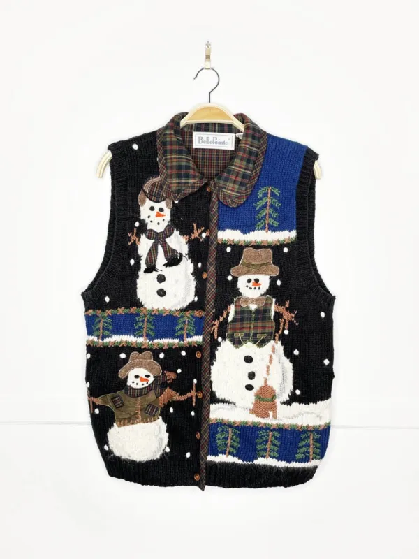 vintage 90s belle point snowmen knit farm plaid vest sold by Good Market Thrift Store