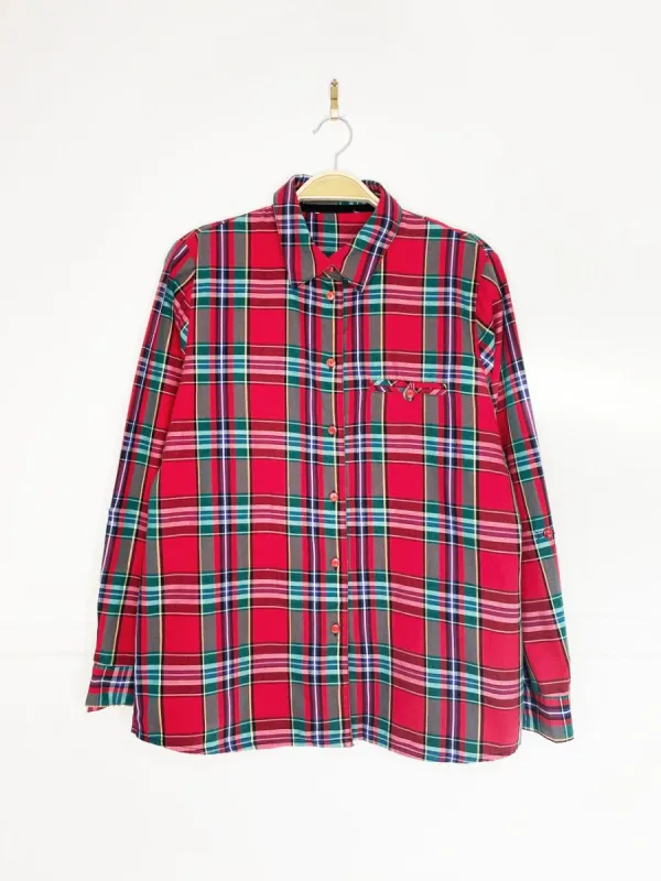 vintage holiday tartan button down shirt with gold thread made by Good Market Thrift Store