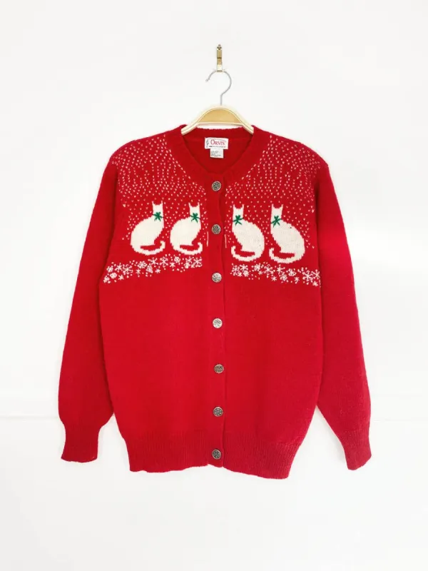 vintage 70s orvis 100% wool holiday kittens hand-embroidered cardigan sold by Good Market Thrift Store