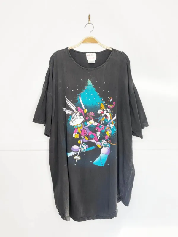 vintage 90s novel teez warner bros bugs + tweety ski oversized t-shirt dress | made in India sold by Good Market Thrift Store