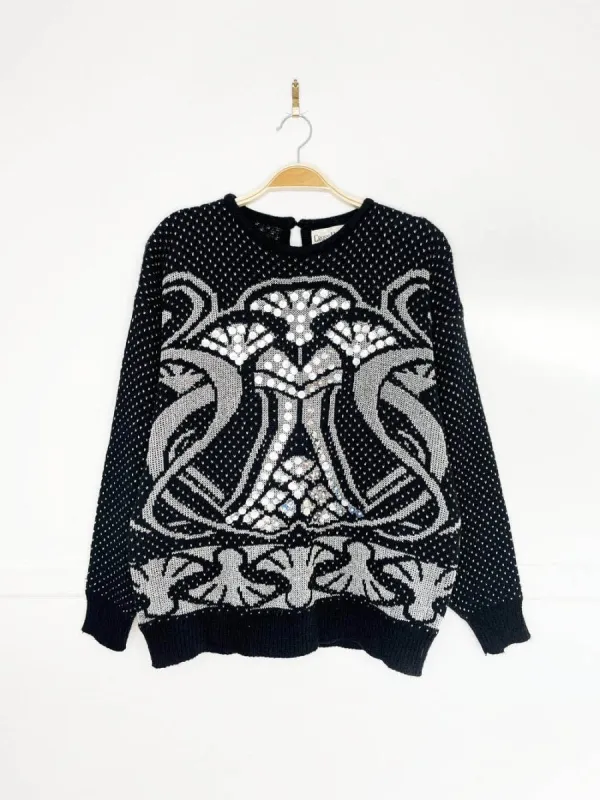 vintage 80s crossroads silver bells sequin knit sweater sold by Good Market Thrift Store