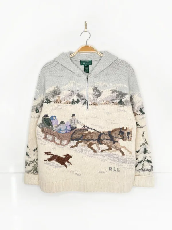 vintage lauren RL 100% lambswool hand-knit sleigh ride 1/4 zip knit hoodie | ralph lauren sold by Good Market Thrift Store