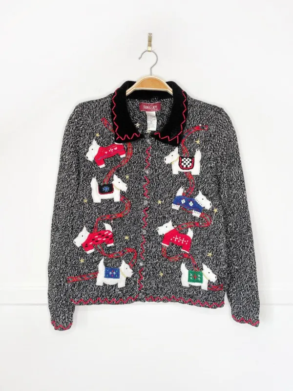 vintage scottish terrier + bells chenille collar knit cardigan | sun li joy sold by Good Market Thrift Store