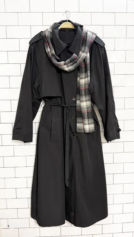 vintage wool-blend lined double breasted trench coat + tartan scarf | collection elegante sold by Good Market Thrift Store