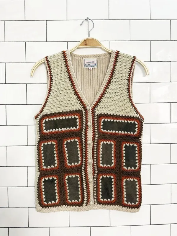 vintage 70s aware boho suede crochet patchwork knit vest sold by Good Market Thrift Store