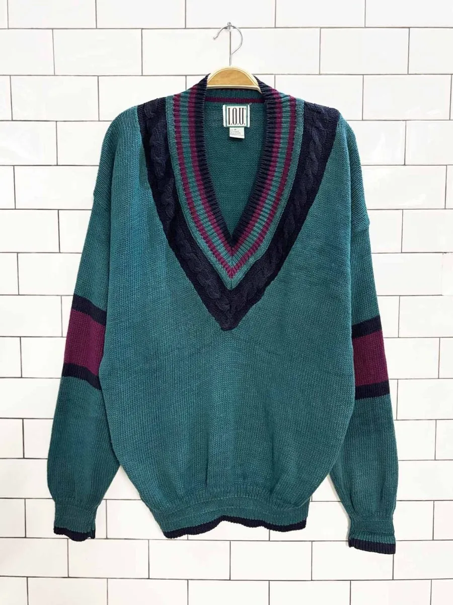 vintage 90s IOU cable knit v-neck sweater sold by Good Market Thrift Store
