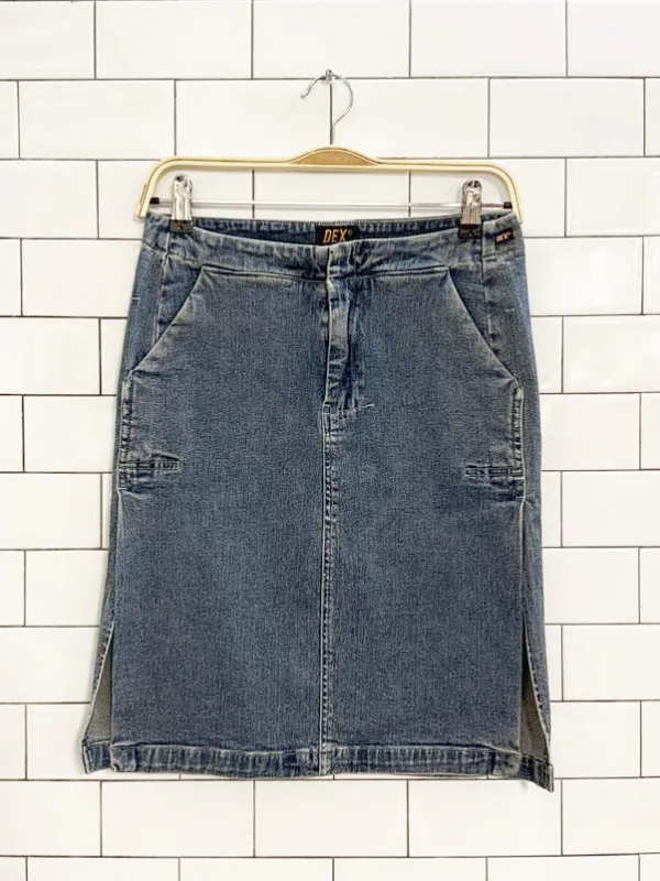 y2k dex denim knee-length skirt sold by Good Market Thrift Store