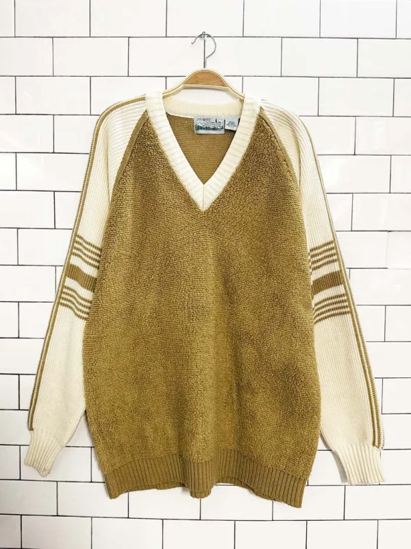 vintage snow country loop-knit + striped sleeve knit sweater sold by Good Market Thrift Store