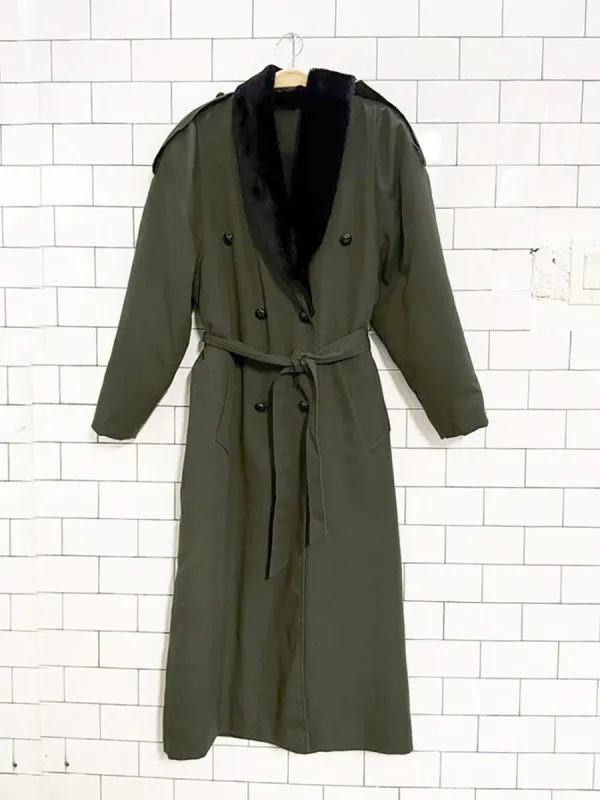 vintage balimel faux fur collar double breasted belted trench coat made by Good Market Thrift Store