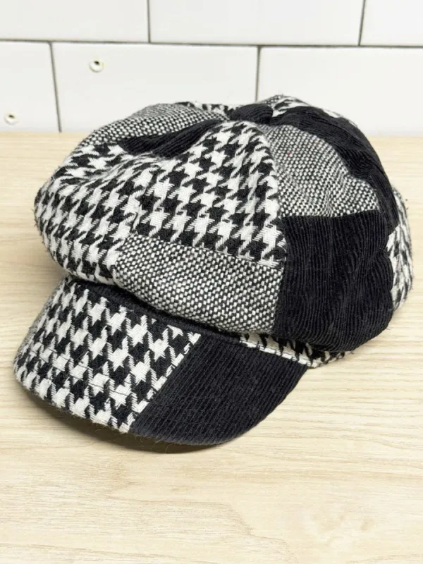 y2k wool-blend houndstooth patchwork newsboy cap sold by Good Market Thrift Store