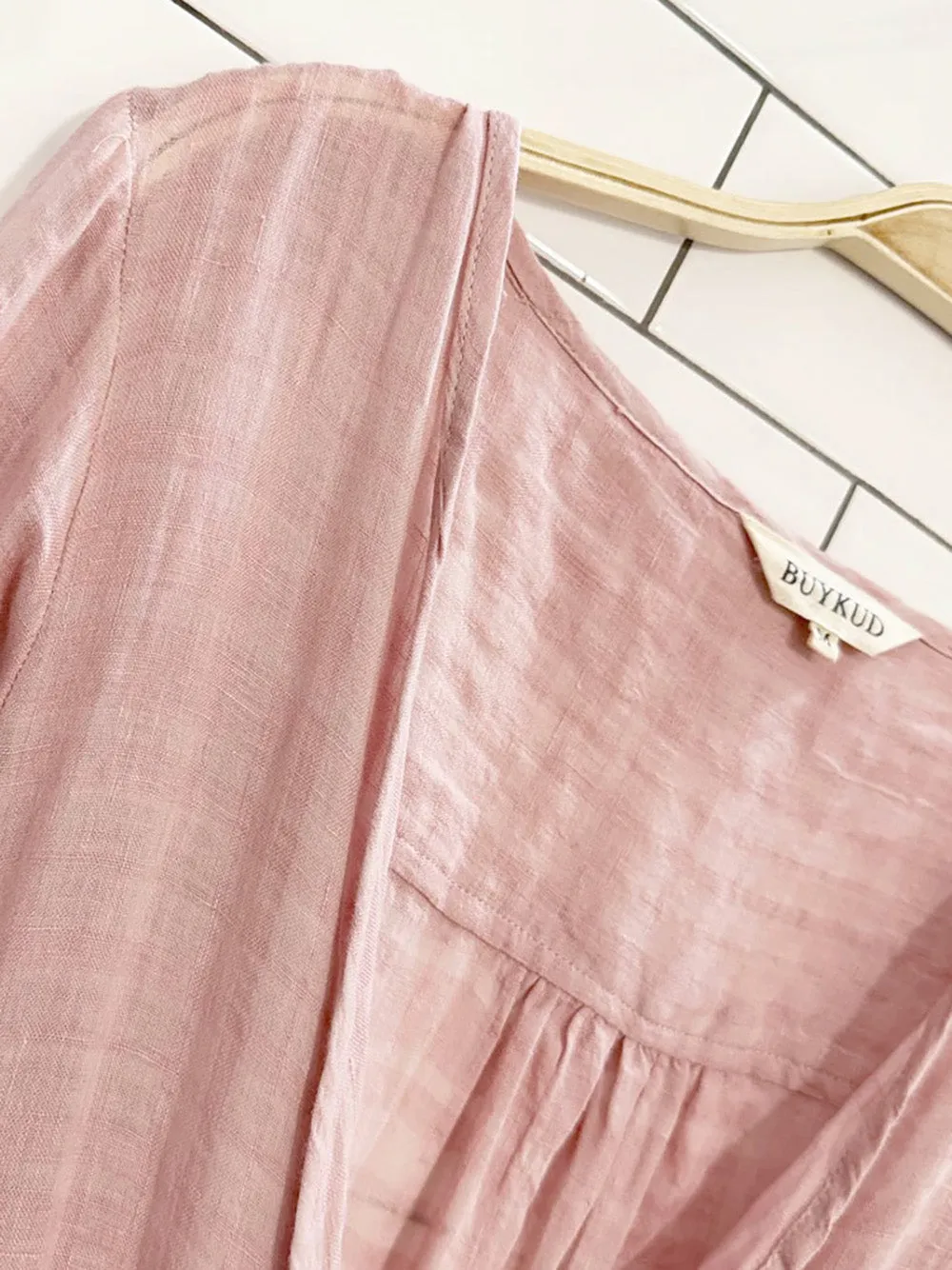 buykud flowy woven cinch waist wrap maxi dress sold by Good Market Thrift Store product image thumbnail 2