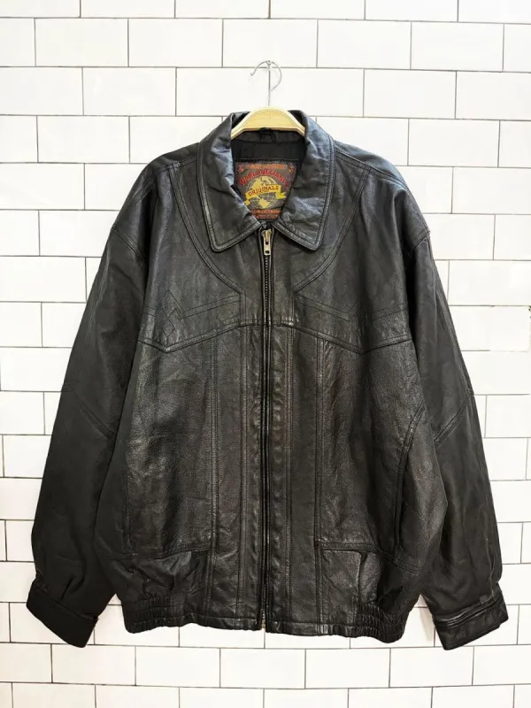 vintage 90s world alliance leather western stitch full zip bomber jacket made by Good Market Thrift Store