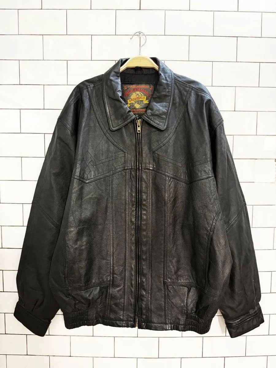 vintage 90s world alliance leather western stitch full zip bomber jacket sold by Good Market Thrift Store