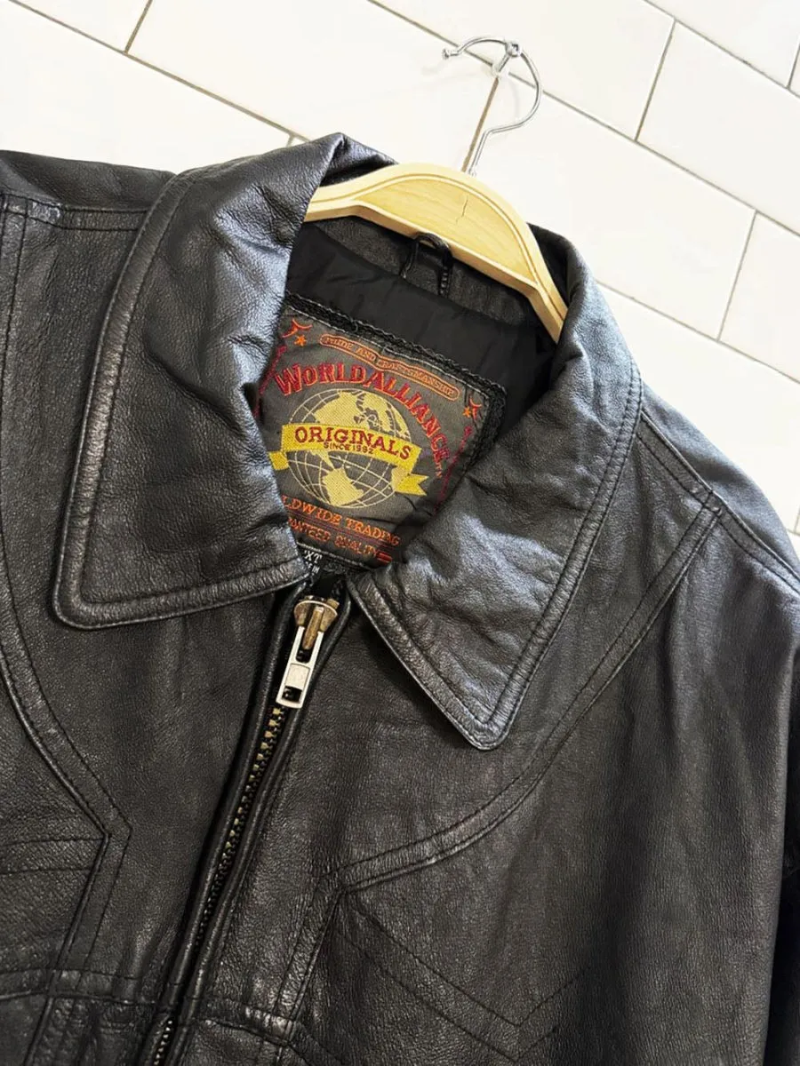 vintage 90s world alliance leather western stitch full zip bomber jacket sold by Good Market Thrift Store product image thumbnail 5