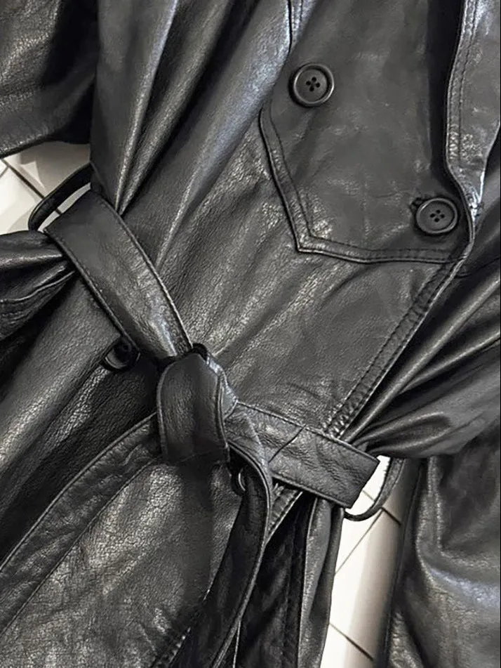 vintage split end ltd. soft leather v-stitch detail belted trench coat sold by Good Market Thrift Store product image thumbnail 2