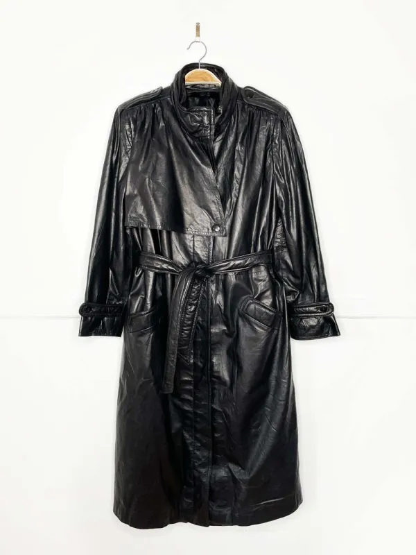 vintage butter leather pleated strong shoulder belted trench coat made by Good Market Thrift Store