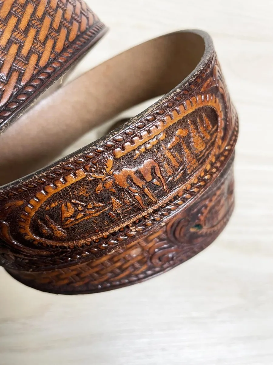 vintage 80s brushy creek tooled leather moose nature scene belt | made in USA sold by Good Market Thrift Store product image thumbnail 2