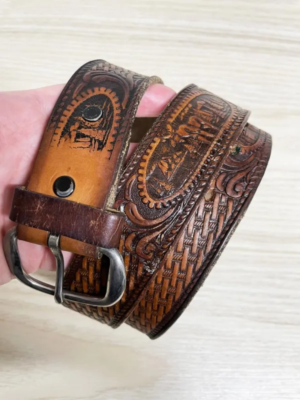 vintage 80s brushy creek tooled leather moose nature scene belt | made in USA made by Good Market Thrift Store