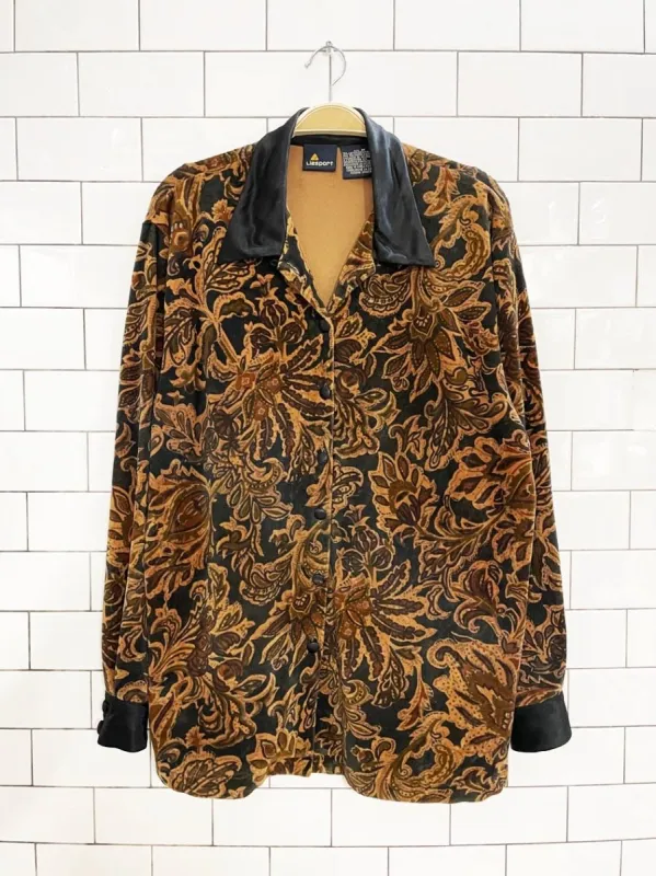 vintage 80s liz claiborne satin trim velour full button shirt made by Good Market Thrift Store