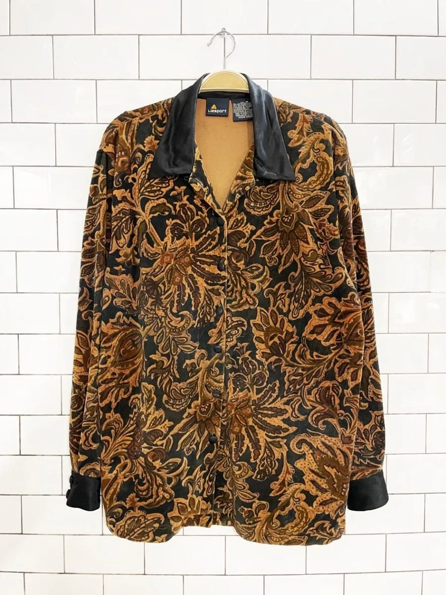 vintage 80s liz claiborne satin trim velour full button shirt sold by Good Market Thrift Store