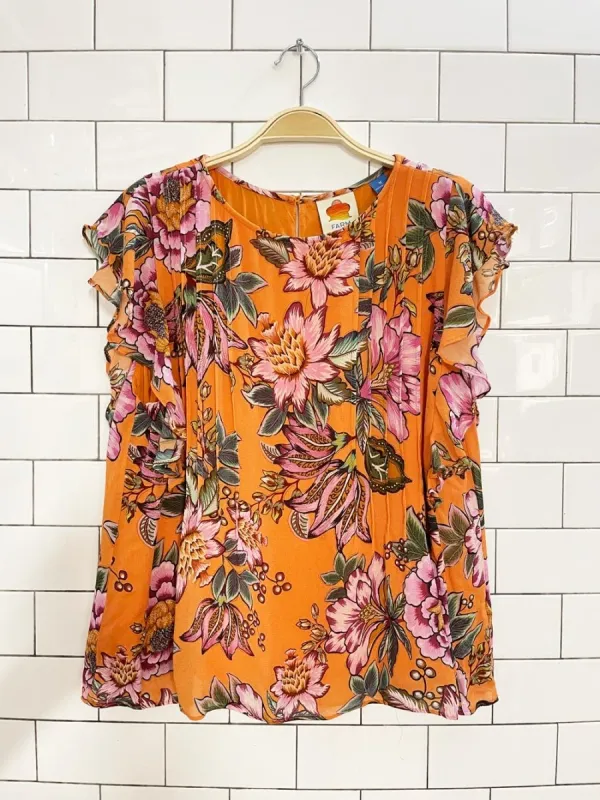 farm rio adonia floral ruffle sleeveless blouse | anthropologie made by Good Market Thrift Store