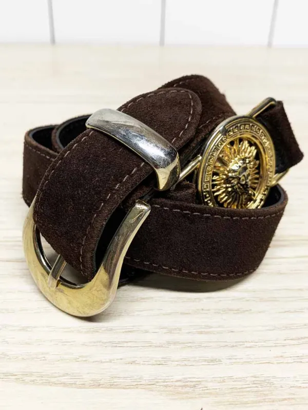 vintage suede gold lion head crest belt made by Good Market Thrift Store