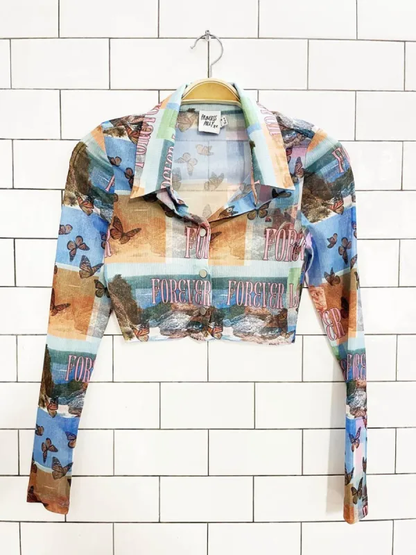 princess polly butterfly print mesh snap button top made by Good Market Thrift Store