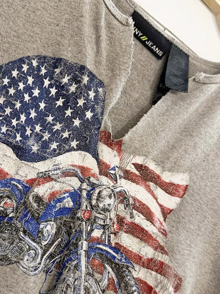 dkny jeans cropped distressed motorcycle USA flag tee | made in Canada sold by Good Market Thrift Store product image thumbnail 2