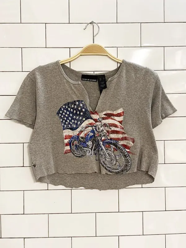 dkny jeans cropped distressed motorcycle USA flag tee | made in Canada made by Good Market Thrift Store