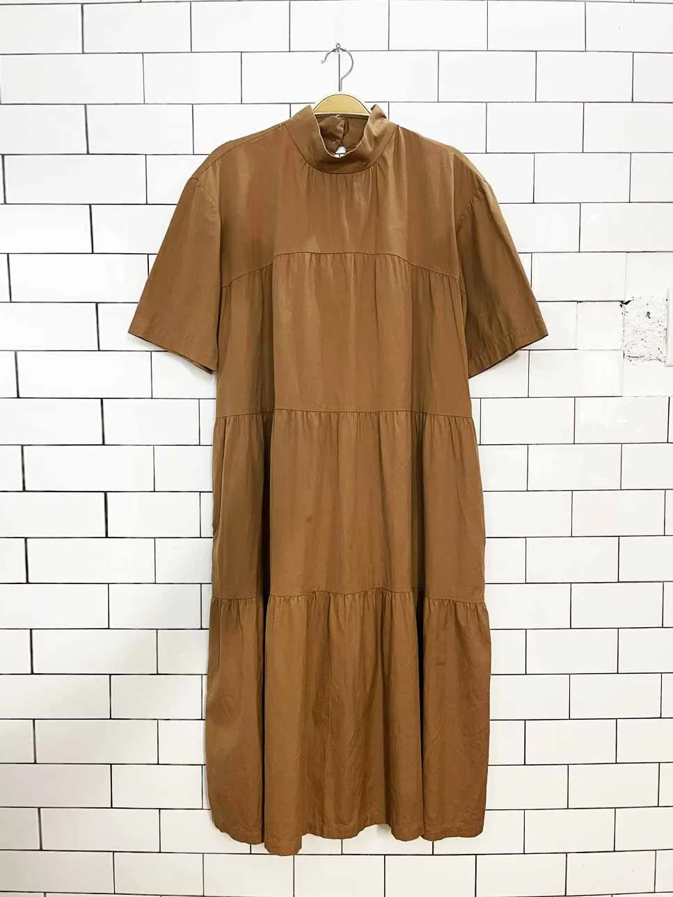 everlane poplin mock neck tiered midi dress sold by Good Market Thrift Store