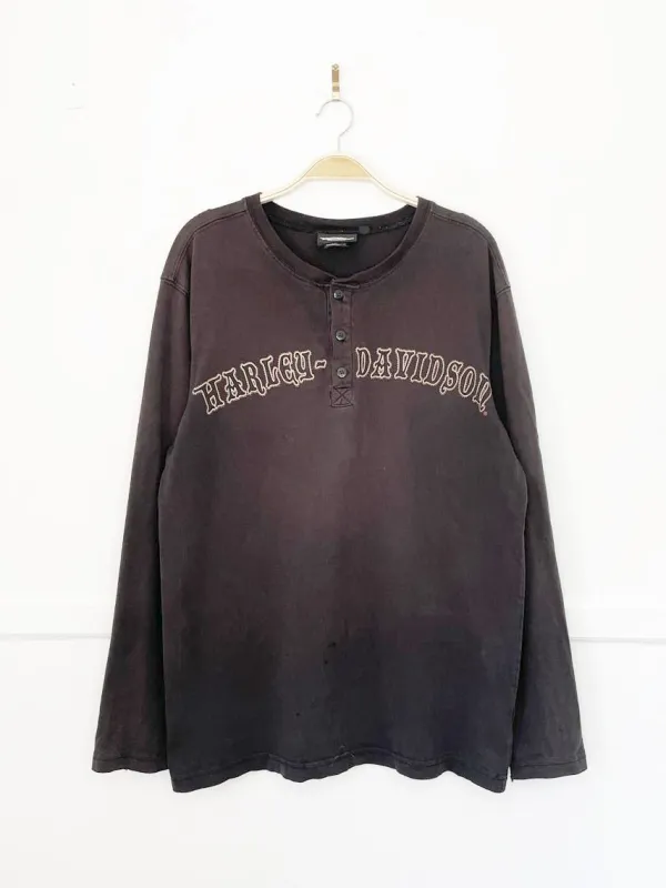 vintage 00s harley davidson 1/2 button long sleeve logo spellout henley | made in usa made by Good Market Thrift Store