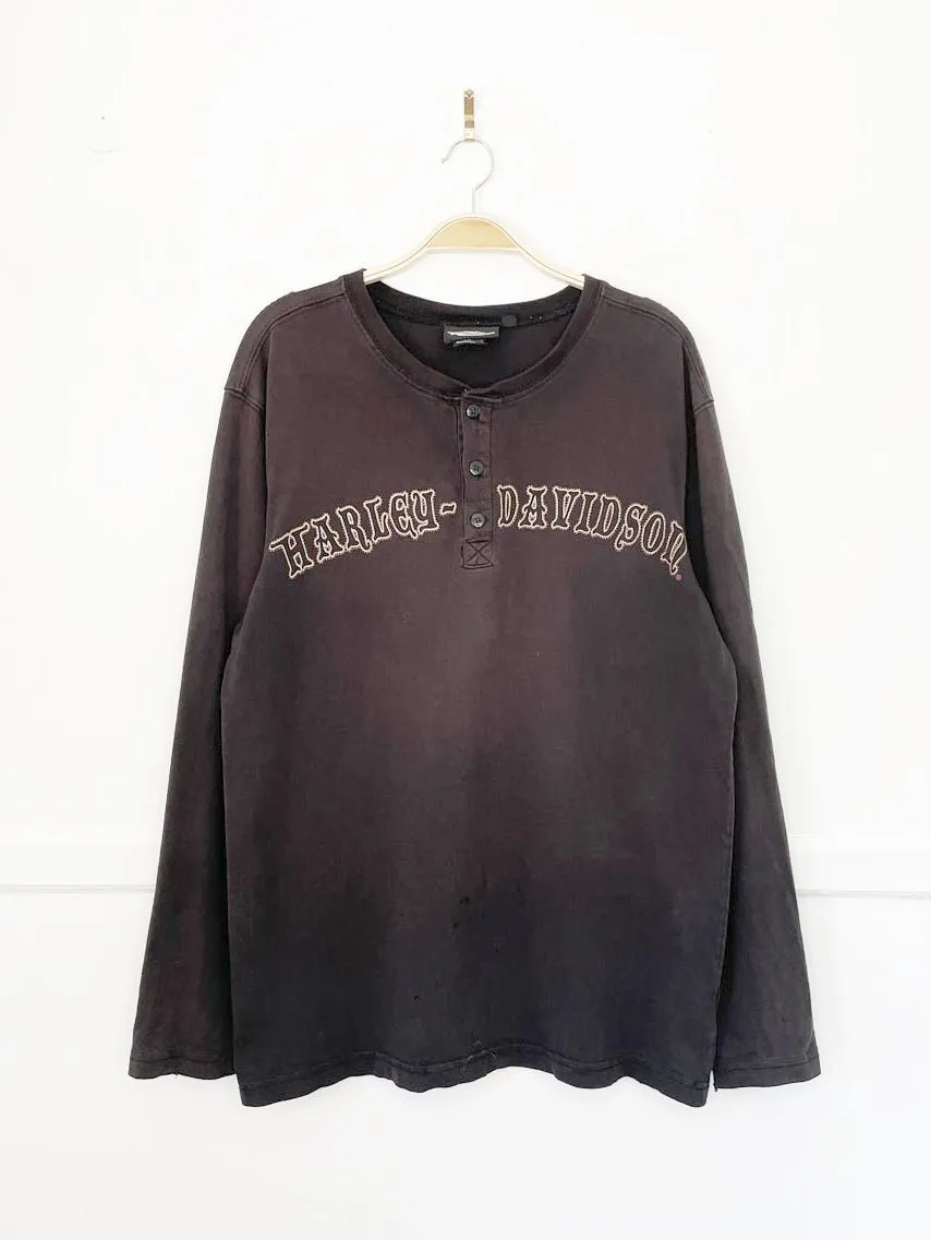 vintage 00s harley davidson 1/2 button long sleeve logo spellout henley | made in usa sold by Good Market Thrift Store