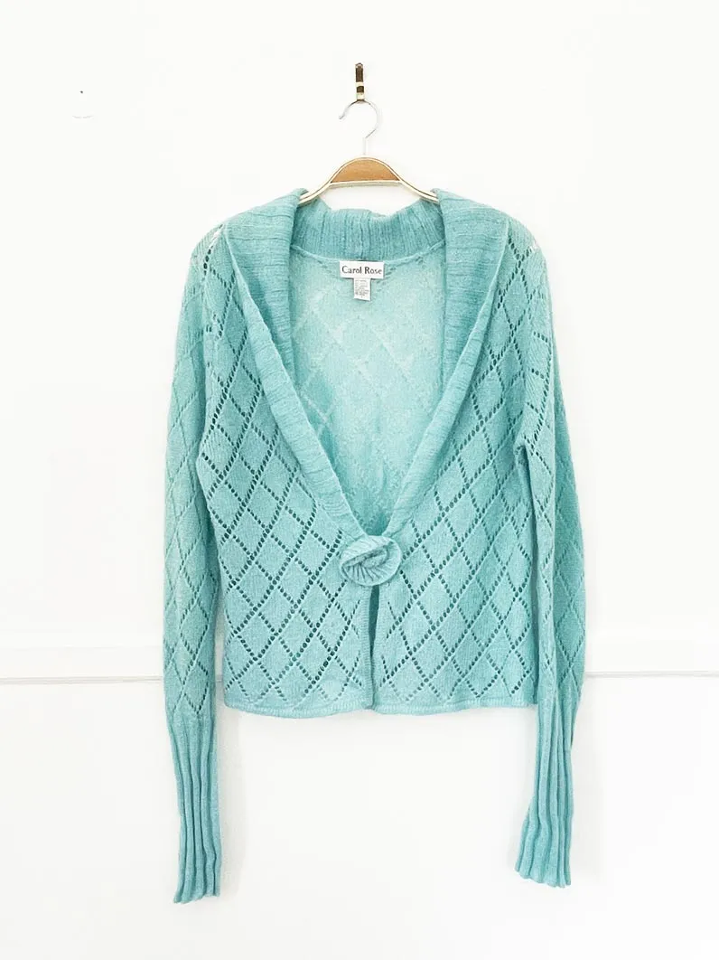 y2k carol rose mohair-blend pointelle knit rosebud cardigan sold by Good Market Thrift Store